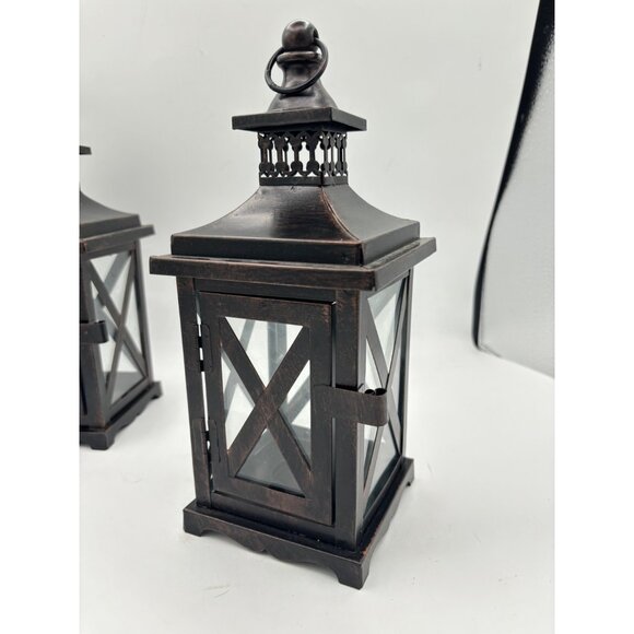 2 Metal and Glass Candle Lanterns Oil Rubbed Bronze New 10" x 4" Votive Candle h - Picture 13 of 14